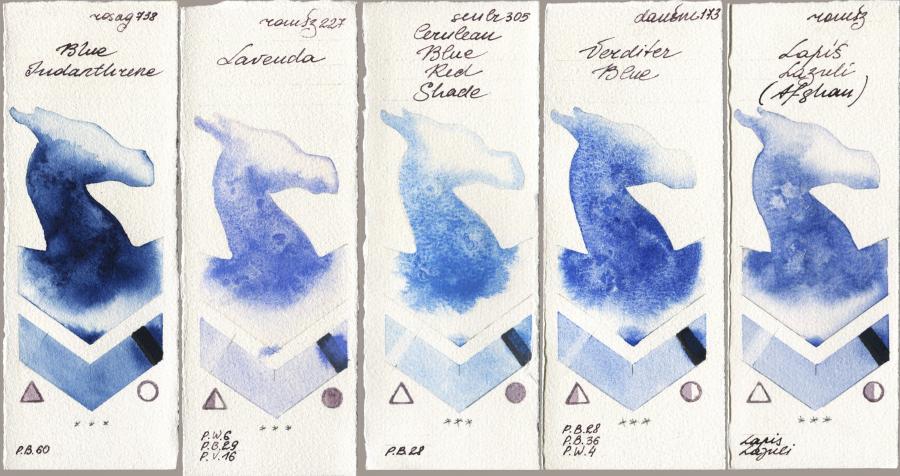 Rosa Gallery 738 Blue Indanthrone vs Roman Szmal Aquarius 227 Lavenda vs Sennelier l Aquarelle 305 Cerulean Blue Red Shade vs Daniel Smith 173 Verditer Blue vs 999 Lapis Lazuli Afghan watercolor swatch