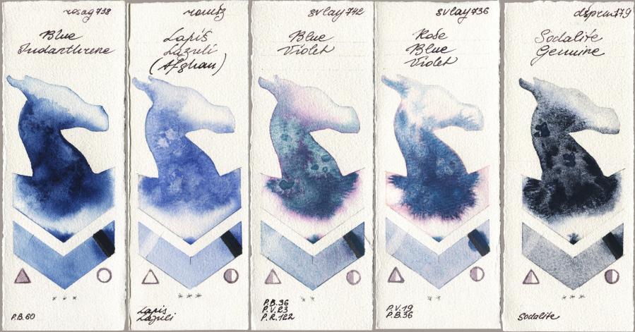 Rosa Gallery 738 Blue Indanthrone vs Roman Szmal Aquarius 999 Lapis Lazuli Afghan vs SuperVision 742 Blue Violet vs 736 Rose Blue Violet vs Daniel Smith 179 Sodalite Genuine watercolor swatch