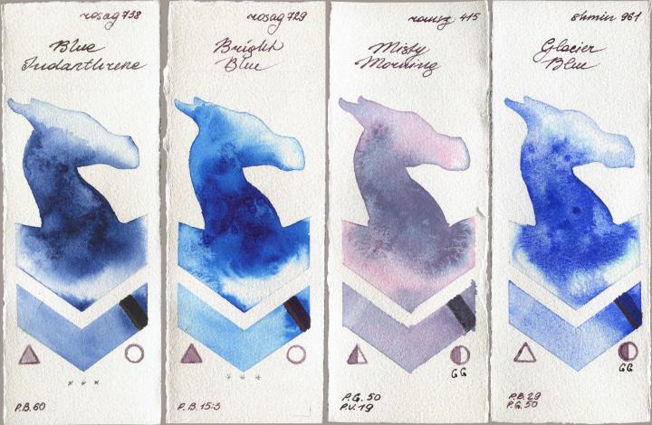 Rosa Gallery 738 Blue Indanthrone vs 729 Bright Blue vs Roman Szmal Aquarius 415 Misty Morning vs Shminke Horadam Aquarell 961 Glacier Blue watercolor swatch