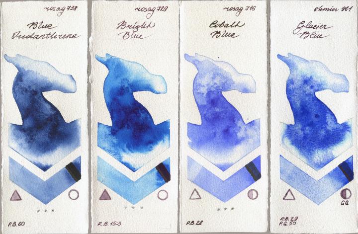 Rosa Gallery 738 Blue Indanthrone vs 729 Bright Blue vs 716 Cobalt Blue vs Shminke Horadam Aquarell 961 Glacier Blue watercolor swatch