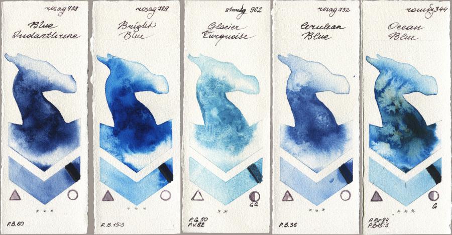 Rosa Gallery 738 Blue Indanthrone vs 729 Bright Blue vs Shminke Horadam Aquarell 962 Glacier Turquoise vs 752 Cerulean Blue vs Roman Szmal Aquarius 344 Ocean Blue watercolor swatch