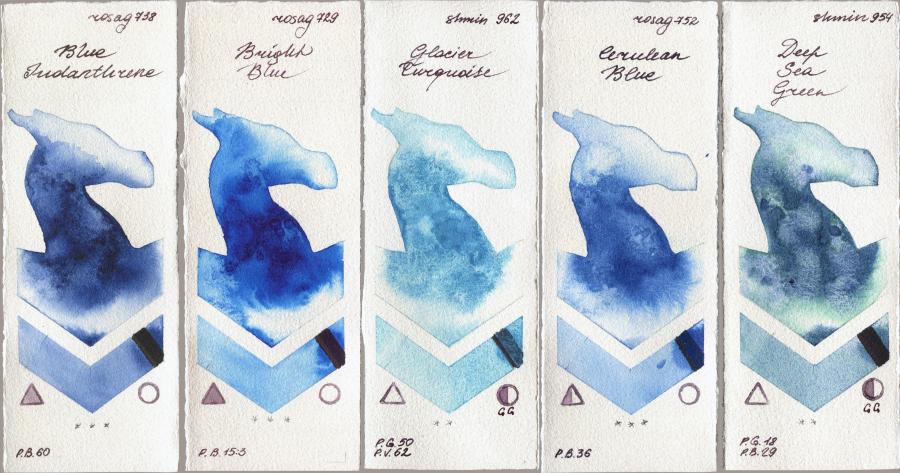 Rosa Gallery 738 Blue Indanthrone vs 729 Bright Blue vs Shminke Horadam Aquarell 962 Glacier Turquoise vs 752 Cerulean Blue vs 954 Deep Sea Green watercolor swatch