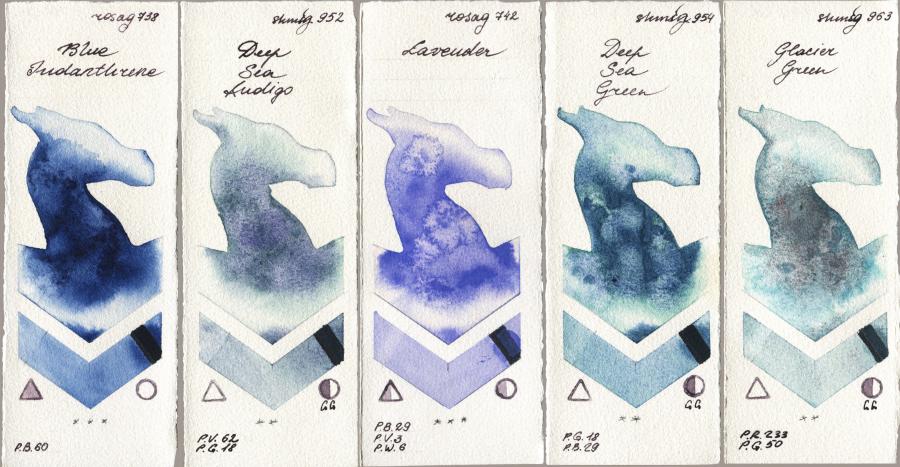Rosa Gallery 738 Blue Indanthrone vs Shminke Horadam Aquarell 952 Deep Sea Indigo vs 742 Lavender vs 954 Deep Sea Green vs 963 Glacier Green watercolor swatch