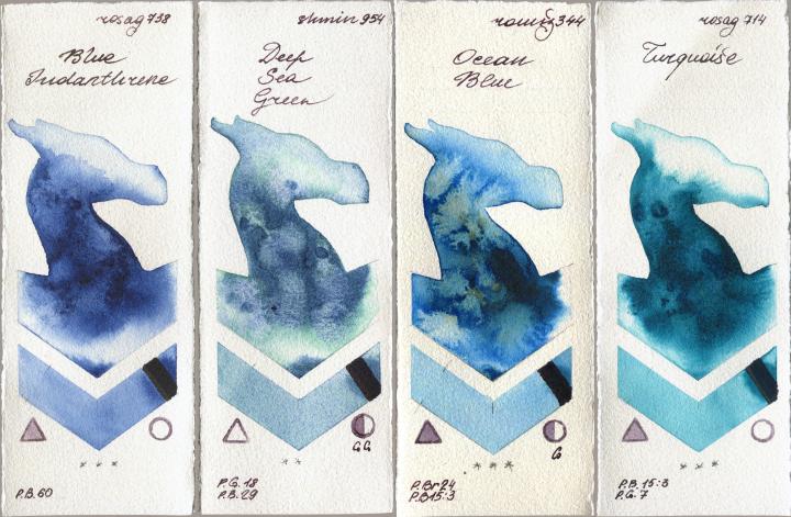 Rosa Gallery 738 Blue Indanthrone vs Shminke Horadam Aquarell 954 Deep Sea Green vs Roman Szmal Aquarius 344 Ocean Blue vs 714 Turquiose watercolor swatch