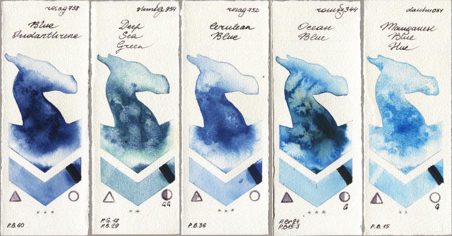 Rosa Gallery 738 Blue Indanthrone vs Shminke Horadam Aquarell 954 Deep Sea Green vs 752 Cerulean Blue vs Roman Szmal Aquarius 344 Ocean Blue vs Daniel Smith 051 Manganese Blue Hue watercolor swatch