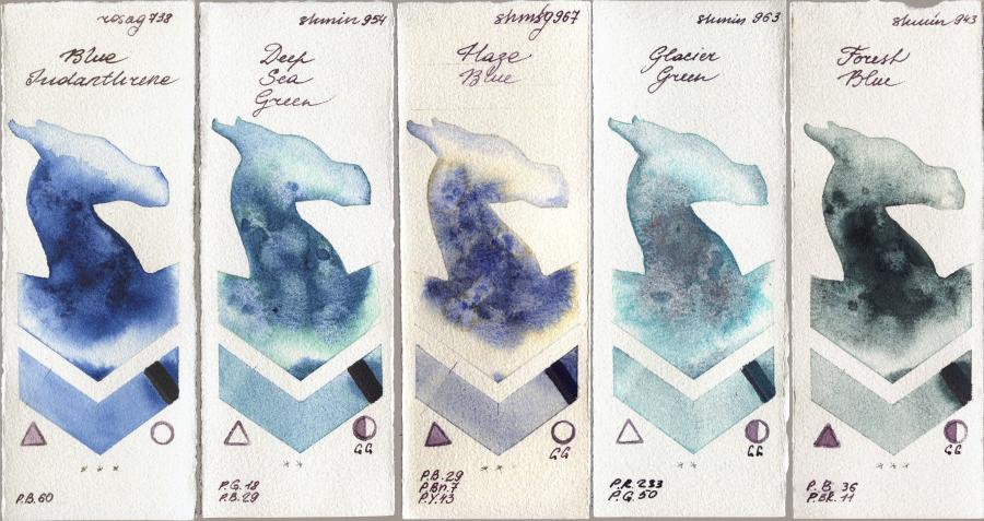 Rosa Gallery 738 Blue Indanthrone vs Shminke Horadam Aquarell 954 Deep Sea Green vs 967 Haze Blue vs 963 Glacier Green vs 943 Forest Blue watercolor swatch