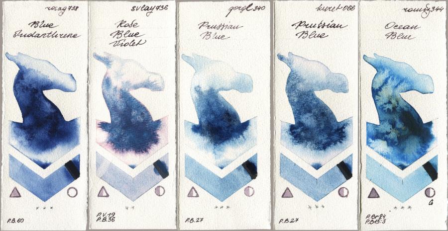 Rosa Gallery 738 Blue Indanthrone vs SuperVision 736 Rose Blue Violet vs Golden QOR 340 Prussian Blue vs Kuretake Gansai Tambi 066 Prussian Blue vs Roman Szmal Aquarius 344 Ocean Blue watercolor swatch