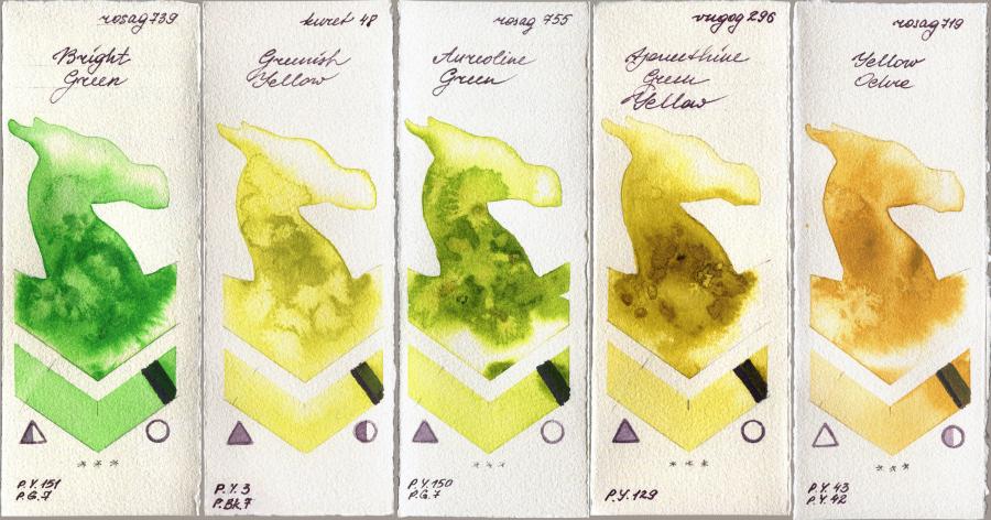 Rosa Gallery 739 Bright Green vs Kuretake Gansai Tambi 48 Greenish Yellow vs 755 Aureoline Green vs Royal Talens Van Gogh Watercolour 296 Azomethine Green Yellow vs 719 Yellow Ochre watercolor swatch