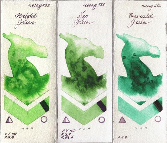 Rosa Gallery 739 Bright Green vs 728 Sap Green vs 712 Emerald Green watercolor swatch