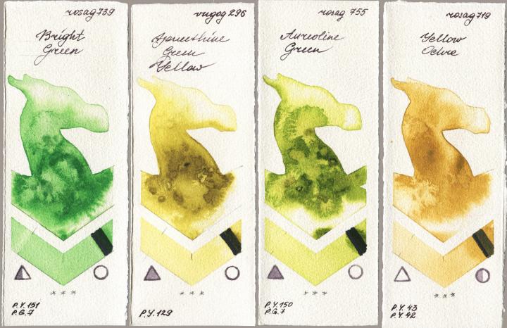 Rosa Gallery 739 Bright Green vs Royal Talens Van Gogh Watercolour 296 Azomethine Green Yellow vs 755 Aureoline Green vs 719 Yellow Ochre watercolor swatch
