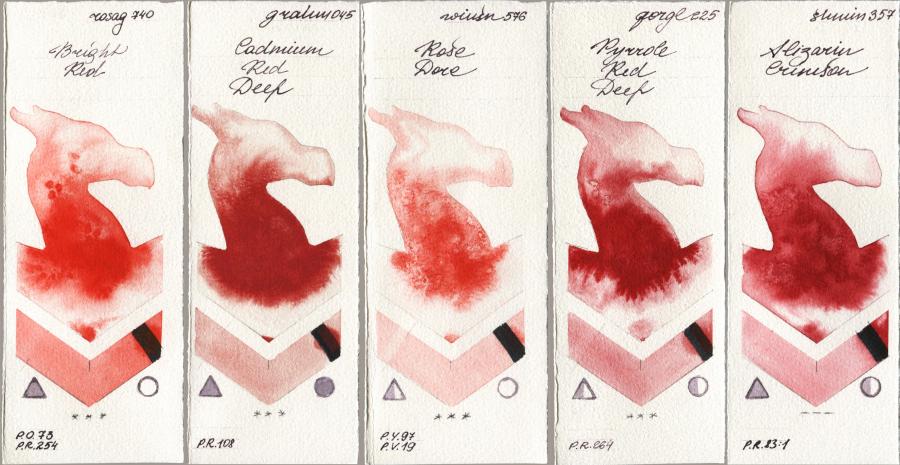 Rosa Gallery 740 Bright Red vs M. Graham & Co. Artists 045 Cadmium Red Deep vs Winsor & Newton Professional 576 Rose Dore vs Golden QOR 225 Pyrrole Red Deep vs Shminke Horadam Aquarell 357 Alizarin Crimson watercolor swatch
