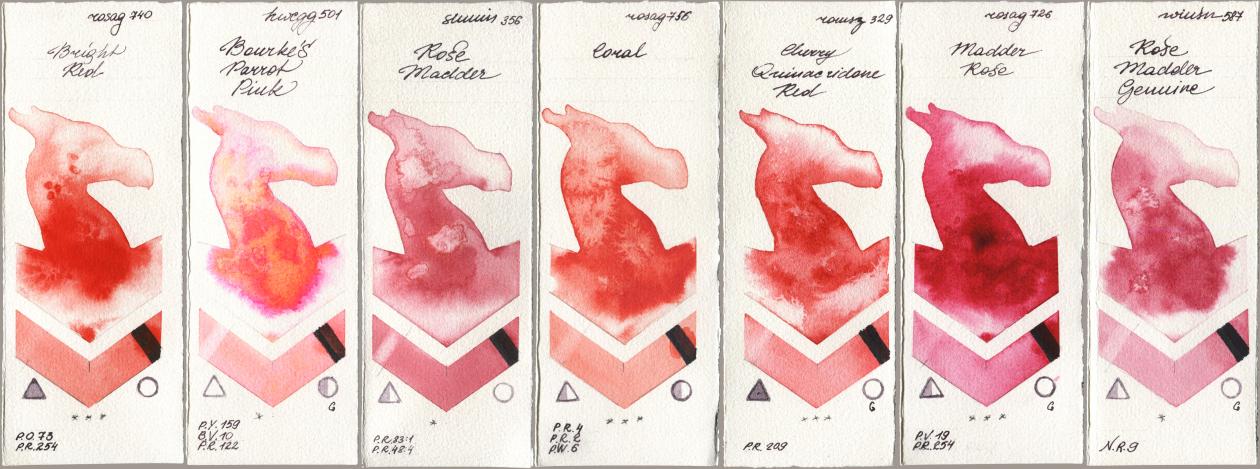Rosa Gallery 740 Bright Red, Holbein Artists Watercolor 501 Bourkes Parrot Pink, Shminke Horadam Aquarell 356 Rose Madder, 756 Coral, Roman Szmal Aquarius 329 Cherry Quinacridone Red, 726 Madder Rose, Winsor & Newton Professional 587 Rose Madder Genui watercolor swatch