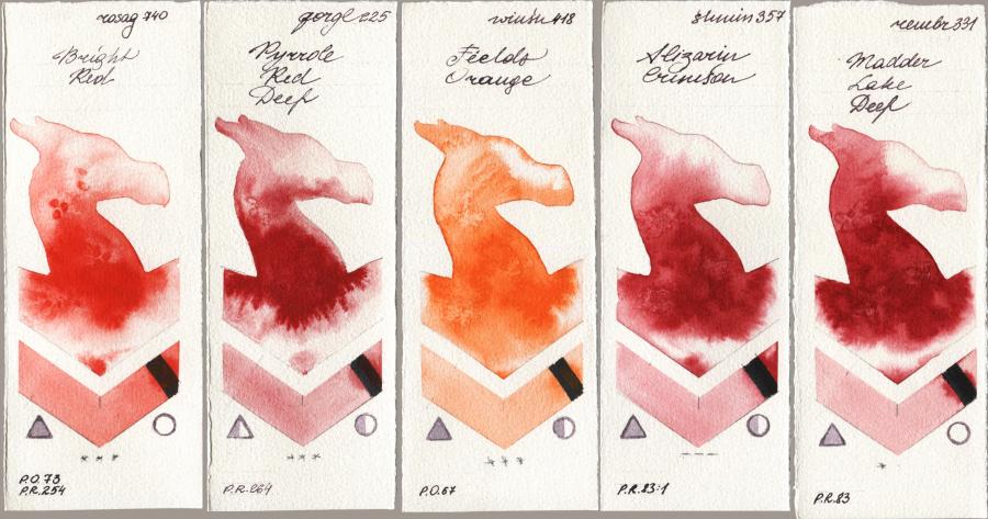 Rosa Gallery 740 Bright Red vs Golden QOR 225 Pyrrole Red Deep vs Winsor & Newton Professional 418 Fields Orange vs Shminke Horadam Aquarell 357 Alizarin Crimson vs Royal Talens Rembrandt Watercolour 331 Madder Lake Deep watercolor swatch