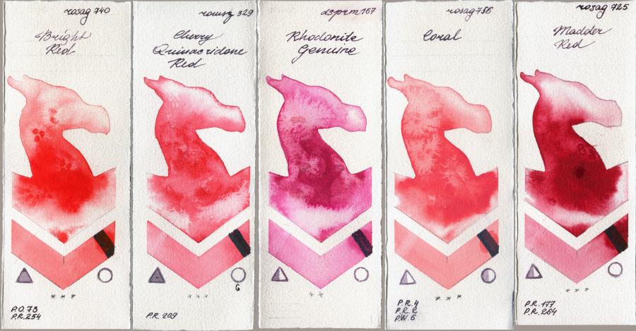 Rosa Gallery 740 Bright Red vs Roman Szmal Aquarius 329 Cherry Quinacridone Red vs Daniel Smith 167 Rhodonite Genuine vs 756 Coral vs 725 Madder Red watercolor swatch