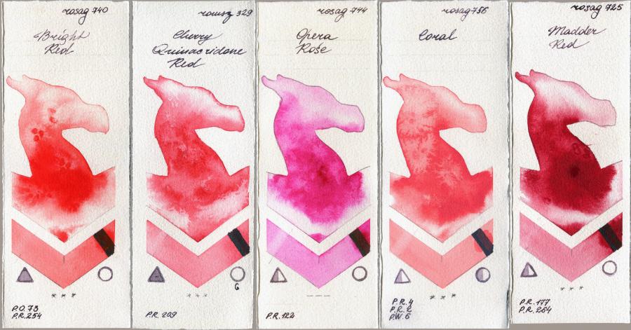 Rosa Gallery 740 Bright Red vs Roman Szmal Aquarius 329 Cherry Quinacridone Red vs 744 Opera Rose vs 756 Coral vs 725 Madder Red watercolor swatch