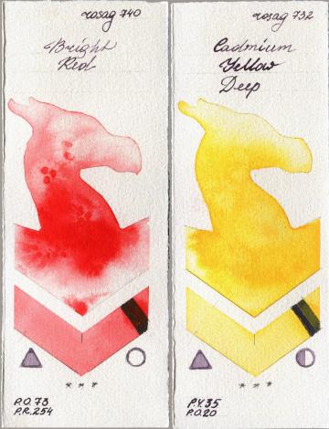 Rosa Gallery 740 Bright Red vs 732 Cadmium Yellow Deep watercolor swatch