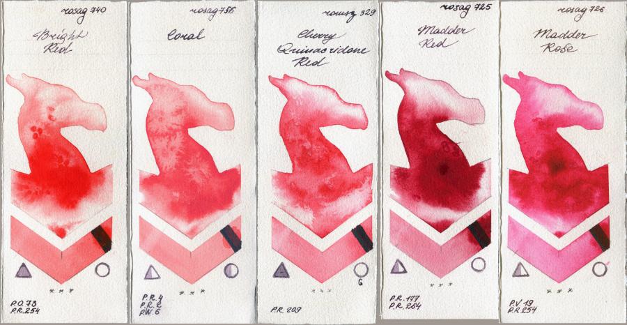 Rosa Gallery 740 Bright Red vs 756 Coral vs Roman Szmal Aquarius 329 Cherry Quinacridone Red vs 725 Madder Red vs 726 Madder Rose watercolor swatch