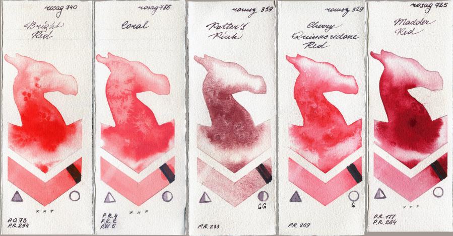 Rosa Gallery 740 Bright Red vs 756 Coral vs Roman Szmal Aquarius 359 Potters Pink vs 329 Cherry Quinacridone Red vs 725 Madder Red watercolor swatch