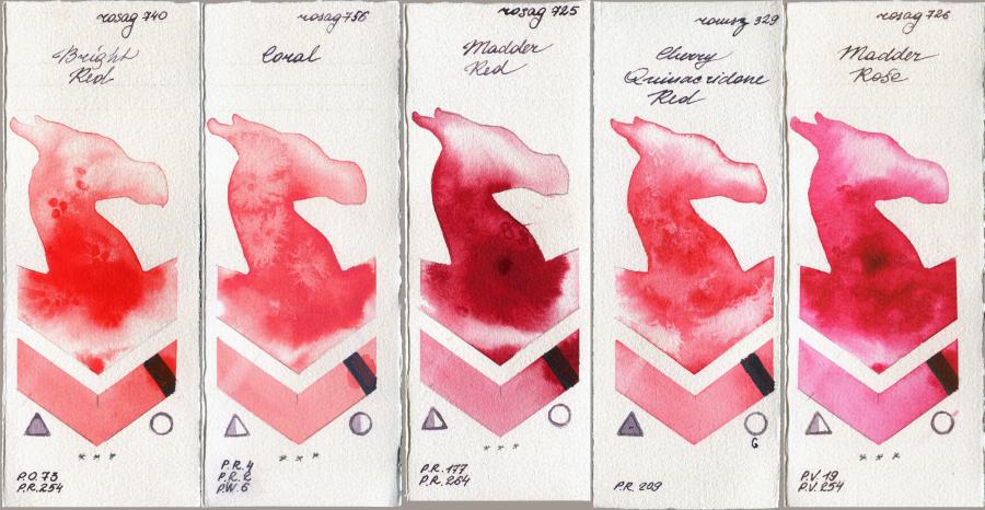 Rosa Gallery 740 Bright Red vs 756 Coral vs 725 Madder Red vs Roman Szmal Aquarius 329 Cherry Quinacridone Red vs 726 Madder Rose watercolor swatch