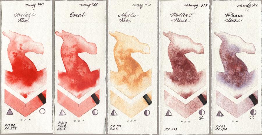 Rosa Gallery 740 Bright Red vs 756 Coral vs 748 Naples Rose vs Roman Szmal Aquarius 359 Potters Pink vs Shminke Horadam Aquarell 914 Volcano Violet watercolor swatch
