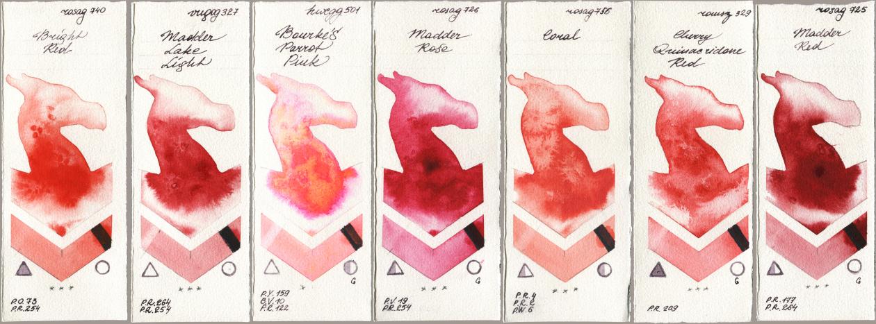 Rosa Gallery 740 Bright Red, Royal Talens Van Gogh Watercolour 327 Madder Lake Light, Holbein Artists Watercolor 501 Bourkes Parrot Pink, 726 Madder Rose, 756 Coral, Roman Szmal Aquarius 329 Cherry Quinacridone Red, 725 Madder R watercolor swatch