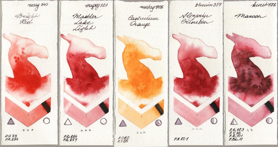 Rosa Gallery 740 Bright Red vs Royal Talens Van Gogh Watercolour 327 Madder Lake Light vs 705 Cadmium Orange vs Shminke Horadam Aquarell 357 Alizarin Crimson vs Kuretake Gansai Tambi 072 Maroon watercolor swatch