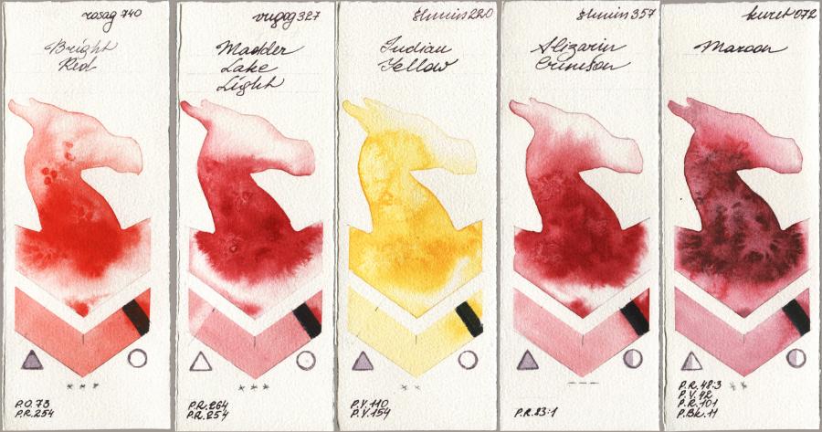 Rosa Gallery 740 Bright Red vs Royal Talens Van Gogh Watercolour 327 Madder Lake Light vs Shminke Horadam Aquarell 220 Indian Yellow vs 357 Alizarin Crimson vs Kuretake Gansai Tambi 072 Maroon watercolor swatch