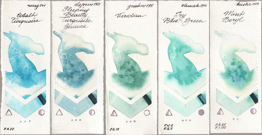 Rosa Gallery 741 Cobalt Turquoise vs Daniel Smith 150 Sleeping Beauty Turquoise Genuine vs M. Graham & Co. Artists 195 Viridian vs Shminke Akademie Aquarell 914 Icy Blue-Green vs Kusakabe 007 Mint Beryl watercolor swatch