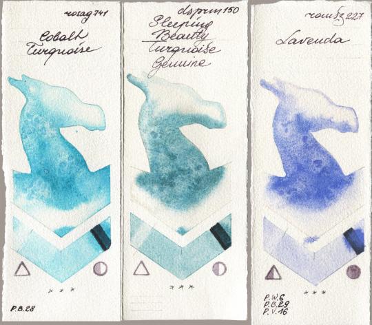 Rosa Gallery 741 Cobalt Turquoise vs Daniel Smith 150 Sleeping Beauty Turquoise Genuine vs Roman Szmal Aquarius 227 Lavenda watercolor swatch