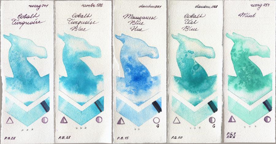 Rosa Gallery 741 Cobalt Turquoise vs Royal Talens Rembrandt Watercolour 586 Cobalt Turquoise Blue vs Daniel Smith 051 Manganese Blue Hue vs 028 Cobalt Teal Blue vs 754 Mint watercolor swatch