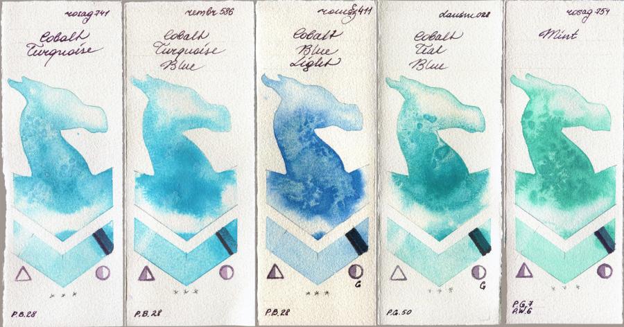 Rosa Gallery 741 Cobalt Turquoise vs Royal Talens Rembrandt Watercolour 586 Cobalt Turquoise Blue vs Roman Szmal Aquarius 411 Cobalt Blue Light vs Daniel Smith 028 Cobalt Teal Blue vs 754 Mint watercolor swatch