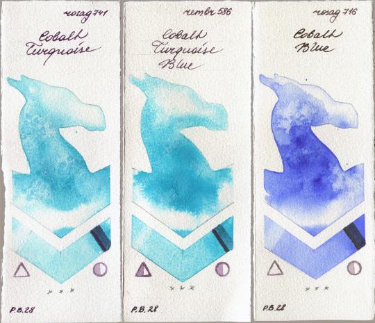 Rosa Gallery 741 Cobalt Turquoise vs Royal Talens Rembrandt Watercolour 586 Cobalt Turquoise Blue vs 716 Cobalt Blue watercolor swatch
