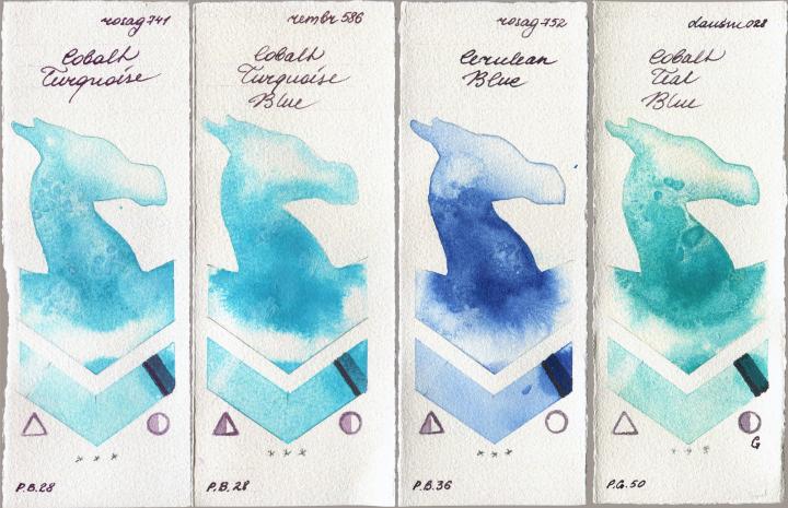 Rosa Gallery 741 Cobalt Turquoise vs Royal Talens Rembrandt Watercolour 586 Cobalt Turquoise Blue vs 752 Cerulean Blue vs Daniel Smith 028 Cobalt Teal Blue watercolor swatch