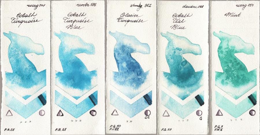 Rosa Gallery 741 Cobalt Turquoise vs Royal Talens Rembrandt Watercolour 586 Cobalt Turquoise Blue vs Shminke Horadam Aquarell 962 Glacier Turquoise vs Daniel Smith 028 Cobalt Teal Blue vs 754 Mint watercolor swatch