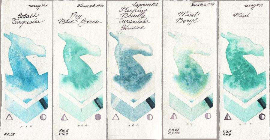 Rosa Gallery 741 Cobalt Turquoise vs Shminke Akademie Aquarell 914 Icy Blue-Green vs Daniel Smith 150 Sleeping Beauty Turquoise Genuine vs Kusakabe 007 Mint Beryl vs 754 Mint watercolor swatch