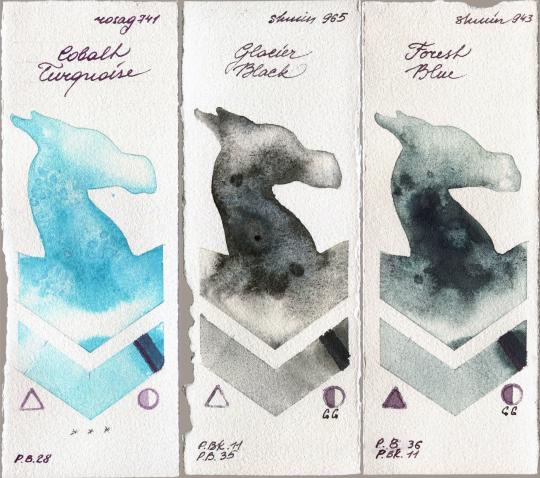 Rosa Gallery 741 Cobalt Turquoise vs Shminke Horadam Aquarell 965 Glacier Black vs 943 Forest Blue watercolor swatch