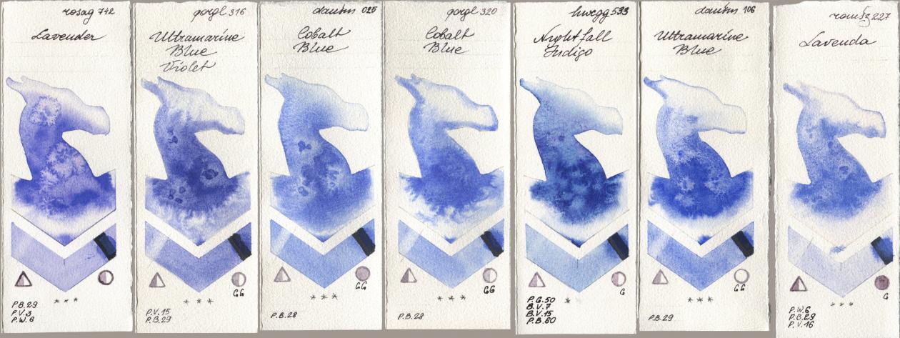 Rosa Gallery 742 Lavender, Golden QOR 316 Ultramarine Blue Violet, Daniel Smith 025 Cobalt Blue, 320 Cobalt Blue, Holbein Artists Watercolor 533 Nightfall Indigo, 106 Ultramarine Blue, Roman Szmal Aquarius 227 Laven watercolor swatch