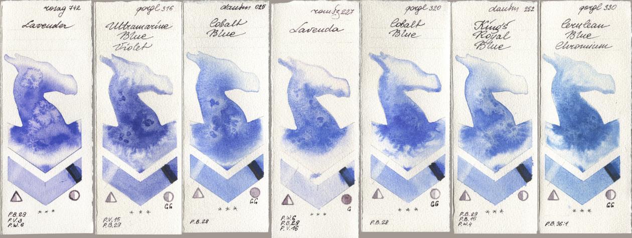 Rosa Gallery 742 Lavender, Golden QOR 316 Ultramarine Blue Violet, Daniel Smith 025 Cobalt Blue, Roman Szmal Aquarius 227 Lavenda, 320 Cobalt Blue, 252 King’s Royal Blue, 330 Cerulean Blue, Chromi watercolor swatch