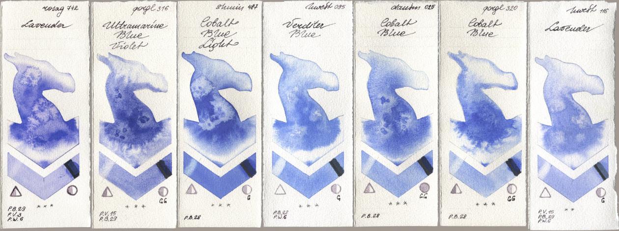 Rosa Gallery 742 Lavender, Golden QOR 316 Ultramarine Blue Violet, Shminke Horadam Aquarell 487 Cobalt Blue Light, Holbein Artists Watercolor 095 Verditer Blue, Daniel Smith 025 Cobalt Blue, 320 Cobalt Blue, 116 Lavend watercolor swatch