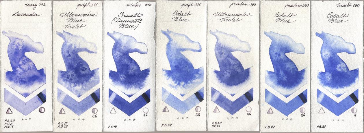 Rosa Gallery 742 Lavender, Golden QOR 316 Ultramarine Blue Violet, Winsor & Newton Professional 710 Smalt (Dumonts Blue), 320 Cobalt Blue, M. Graham & Co. Artists 193 Ultramarine Violet, 090 Cobalt Blue, Holbein Artists Watercolor 090 Cobalt Bl watercolor swatch