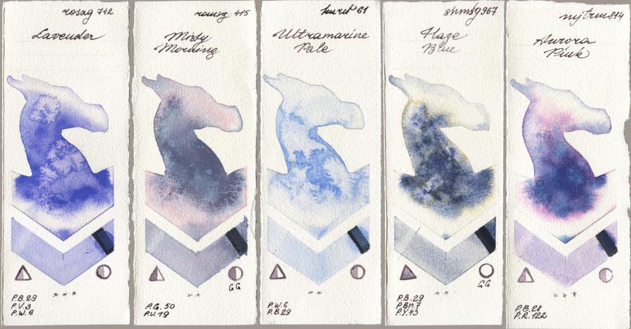 Rosa Gallery 742 Lavender vs Roman Szmal Aquarius 415 Misty Morning vs Kuretake Gansai Tambi 061 Ultramatire Pale vs Shminke Horadam Aquarell 967 Haze Blue vs Mijello Mission Gold 814 Aurora Pink watercolor swatch