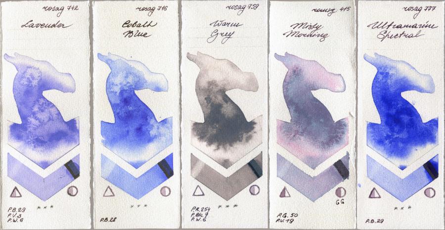 Rosa Gallery 742 Lavender vs 716 Cobalt Blue vs 759 Warm Grey vs Roman Szmal Aquarius 415 Misty Morning vs 777 Ultramarine Spectral watercolor swatch