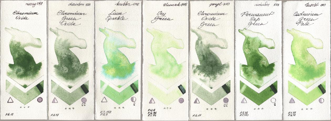 Rosa Gallery 743 Chromium Oxide, Daniel Smith 024 Chromium Green Oxide, Kusakabe 016 Lime Sparkle, Shminke Akademie Aquarell 915 Icy Green, Golden QOR 410 Chromium Oxide Green, Winsor & Newton Professional 503 Permanent Sap Green, Holbein Artists Watercolor 069 Cadmium Green Pa watercolor swatch