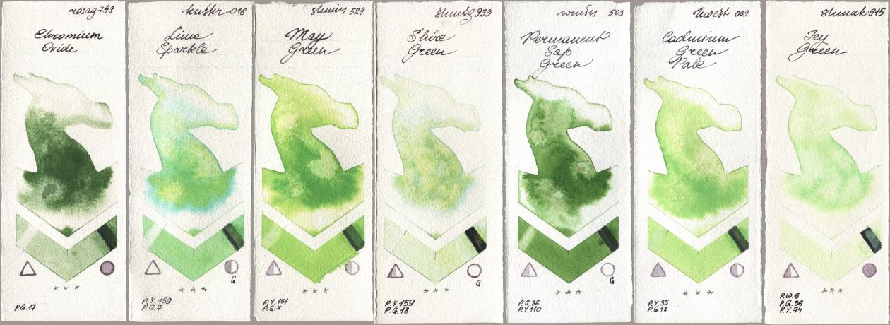 Rosa Gallery 743 Chromium Oxide, Kusakabe 016 Lime Sparkle, Shminke Horadam Aquarell 524 May Green, 933 Shire Green, Winsor & Newton Professional 503 Permanent Sap Green, Holbein Artists Watercolor 069 Cadmium Green Pale, Shminke Akademie Aquarell 915 Icy Gre watercolor swatch