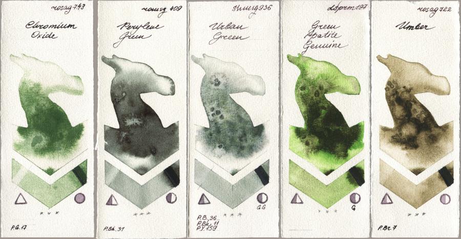 Rosa Gallery 743 Chromium Oxide vs Roman Szmal Aquarius 409 Perylene Green vs Shminke Horadam Aquarell 936 Urban Green vs Daniel Smith 197 Green Apatite Genuine vs 722 Umber watercolor swatch