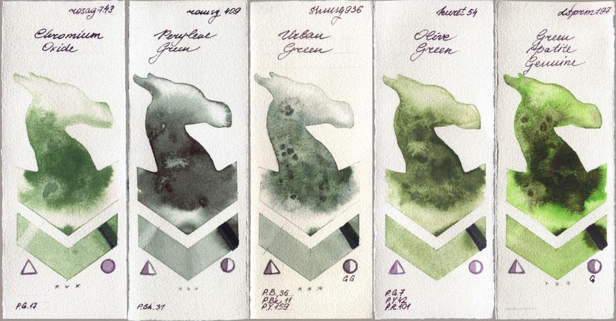 Rosa Gallery 743 Chromium Oxide vs Roman Szmal Aquarius 409 Perylene Green vs Shminke Horadam Aquarell 936 Urban Green vs Kuretake Gansai Tambi 54 Olive Green vs Daniel Smith 197 Green Apatite Genuine watercolor swatch