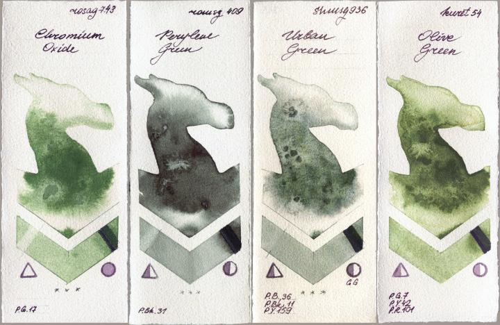 Rosa Gallery 743 Chromium Oxide vs Roman Szmal Aquarius 409 Perylene Green vs Shminke Horadam Aquarell 936 Urban Green vs Kuretake Gansai Tambi 54 Olive Green watercolor swatch