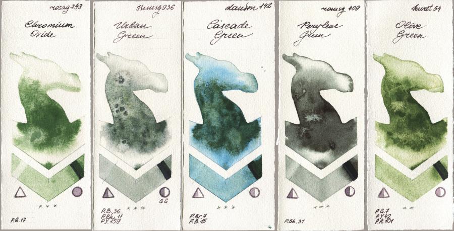 Rosa Gallery 743 Chromium Oxide vs Shminke Horadam Aquarell 936 Urban Green vs Daniel Smith 142 Cascade Green vs Roman Szmal Aquarius 409 Perylene Green vs Kuretake Gansai Tambi 054 Olive Green watercolor swatch