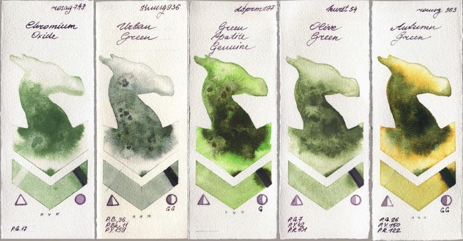 Rosa Gallery 743 Chromium Oxide vs Shminke Horadam Aquarell 936 Urban Green vs Daniel Smith 197 Green Apatite Genuine vs Kuretake Gansai Tambi 54 Olive Green vs Roman Szmal Aquarius 363 Autumn Green watercolor swatch