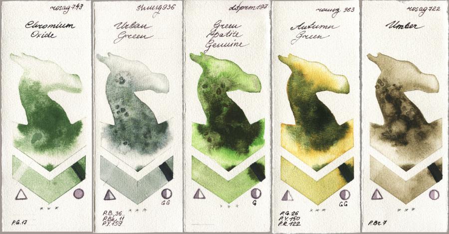 Rosa Gallery 743 Chromium Oxide vs Shminke Horadam Aquarell 936 Urban Green vs Daniel Smith 197 Green Apatite Genuine vs Roman Szmal Aquarius 363 Autumn Green vs 722 Umber watercolor swatch